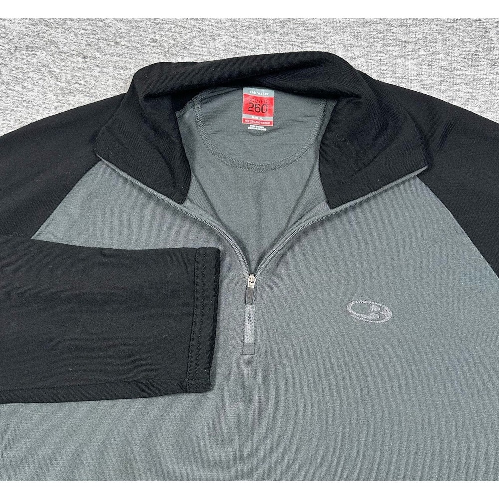 Icebreaker Pullover Mens XL Gray Black Bodyfit 260 Merino Wool 1/4 Zip Outdoor